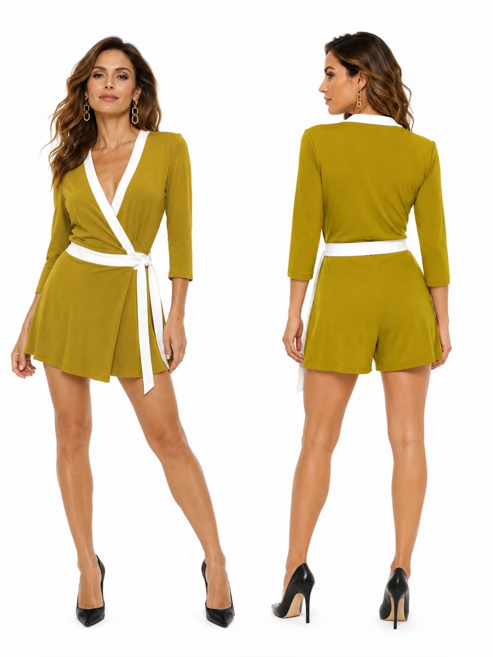 DVF Wrap Skort Romper Olive Green Ivory Tie Waist Designer Resort Size 6